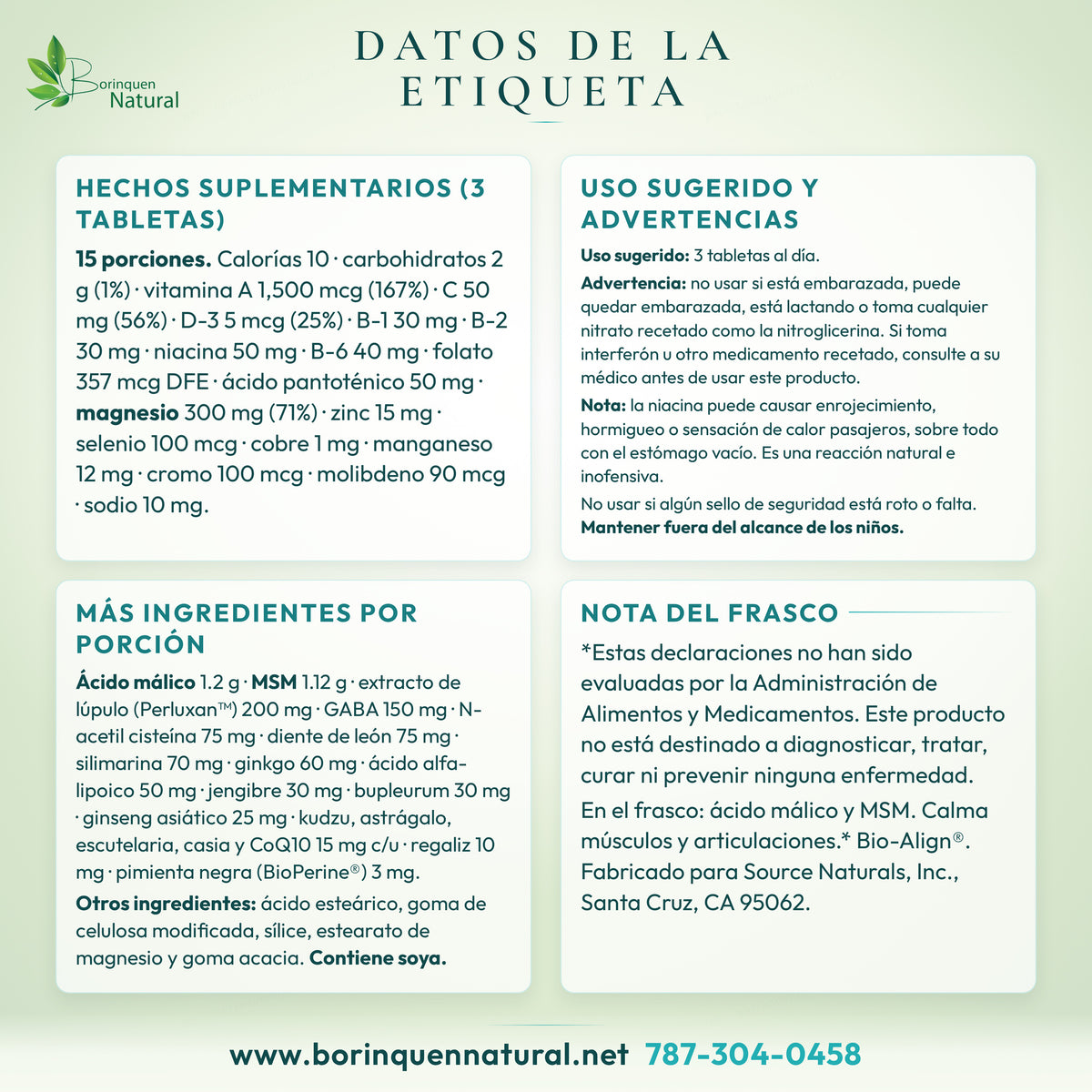 Datos de la etiqueta del Fibro-Response de Source Naturals: hechos suplementarios, otros ingredientes, uso sugerido, advertencias y nota del frasco