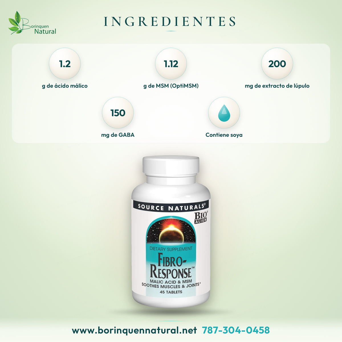 Ingredientes del Fibro-Response de Source Naturals: ácido málico, MSM, magnesio, vitaminas B, extracto de lúpulo, GABA y hierbas por porción de 3 tabletas