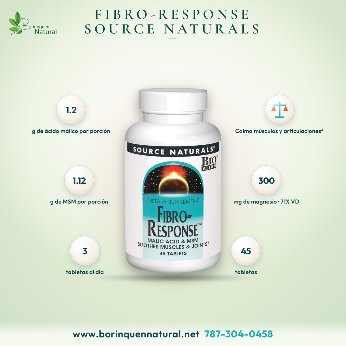 Fibro-Response de Source Naturals, ácido málico y MSM que calma músculos y articulaciones, frasco de 45 tabletas