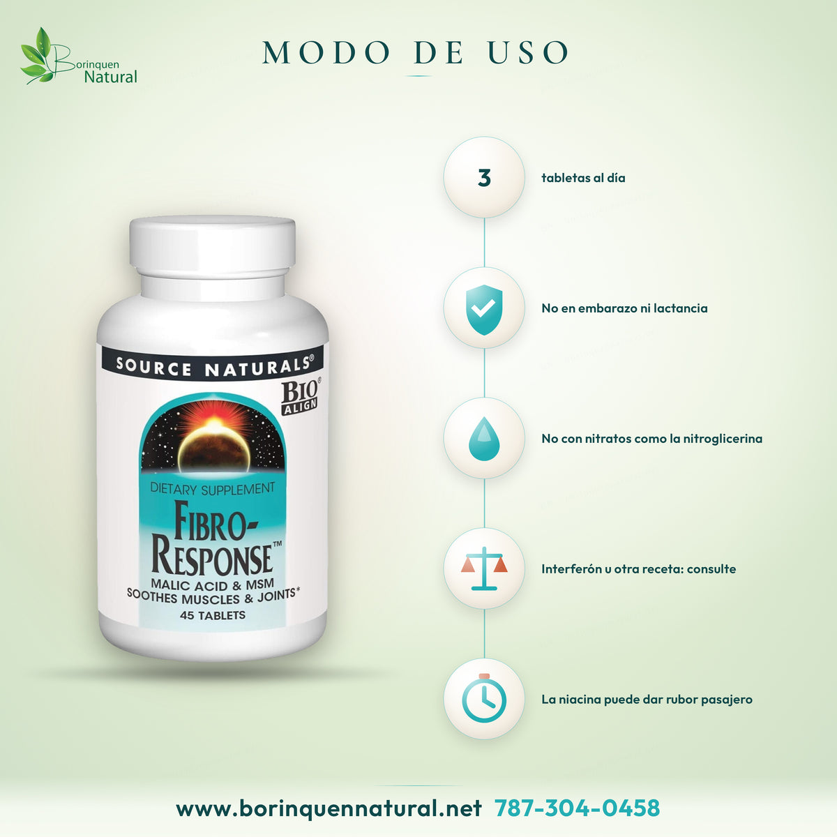 Modo de uso del Fibro-Response de Source Naturals: 3 tabletas al día; no usar en embarazo o lactancia ni con nitratos recetados