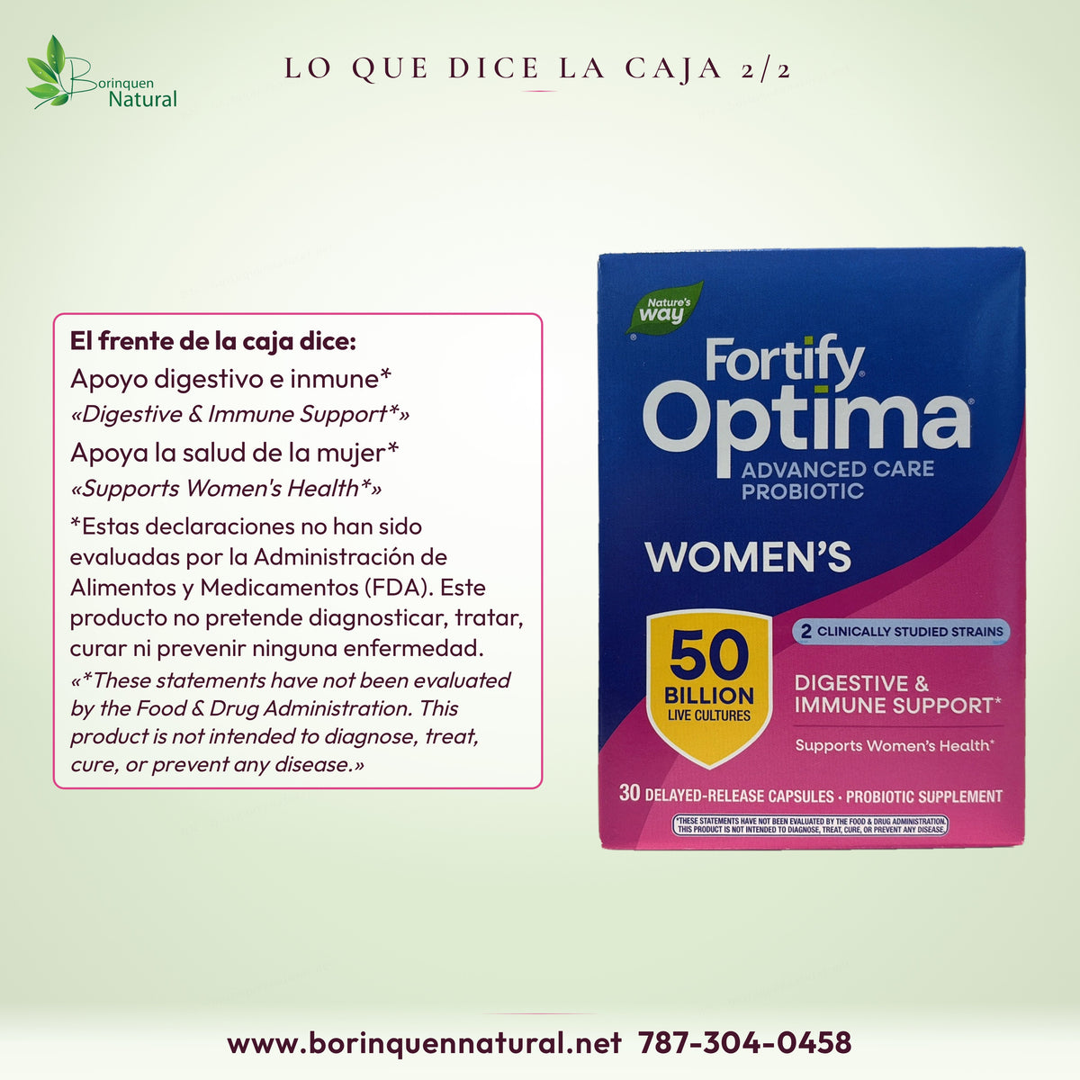 Frente de la caja de Fortify Optima Women's de Nature's Way con sus dos frases y el descargo de la FDA