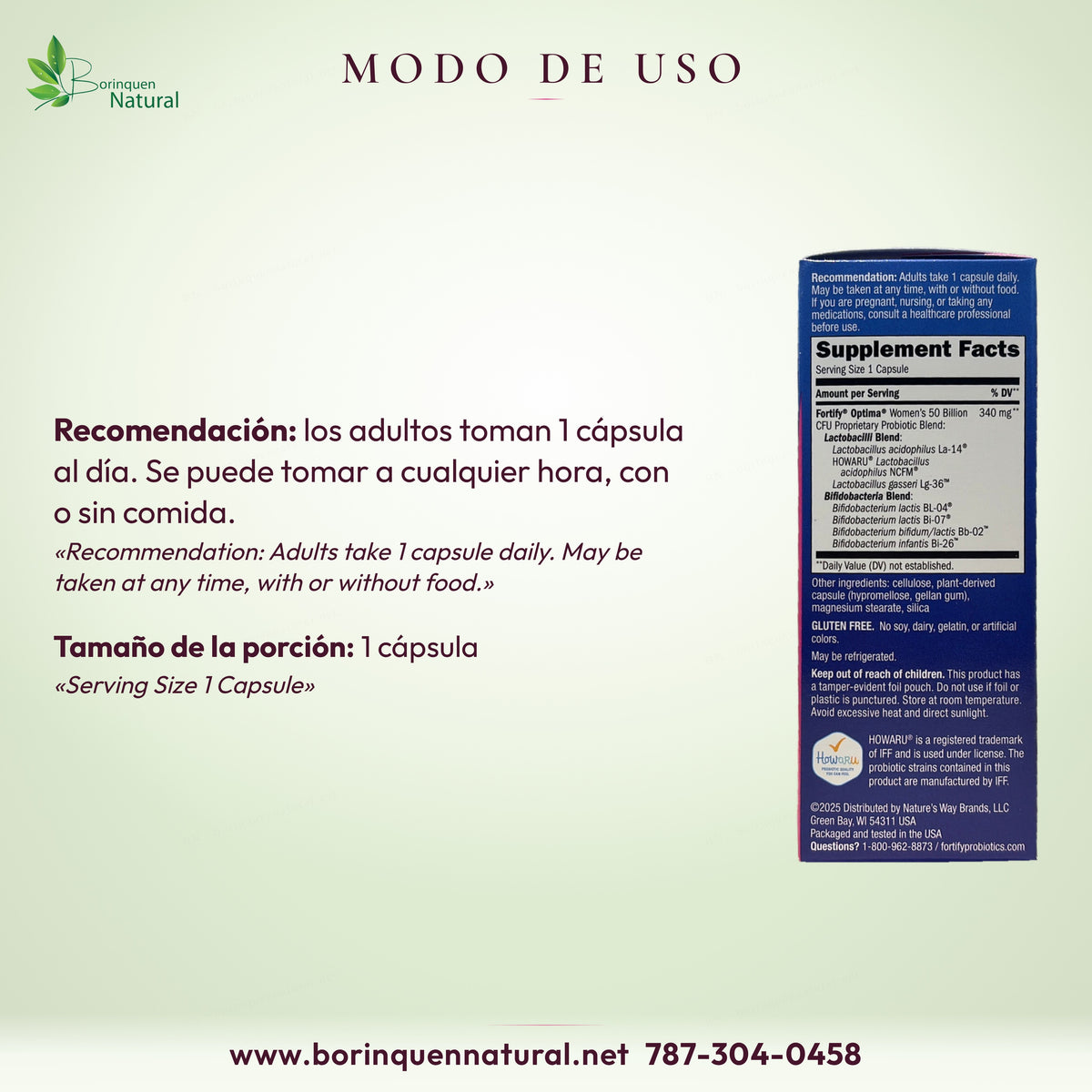 Modo de uso de Fortify Optima Women's: los adultos toman 1 cápsula al día, a cualquier hora, con o sin comida