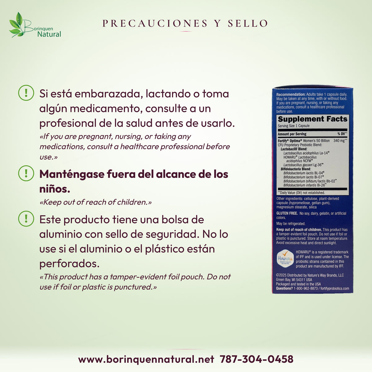 Precauciones del Fortify Optima: embarazo, lactancia o medicamentos, fuera del alcance de los niños, sello de aluminio