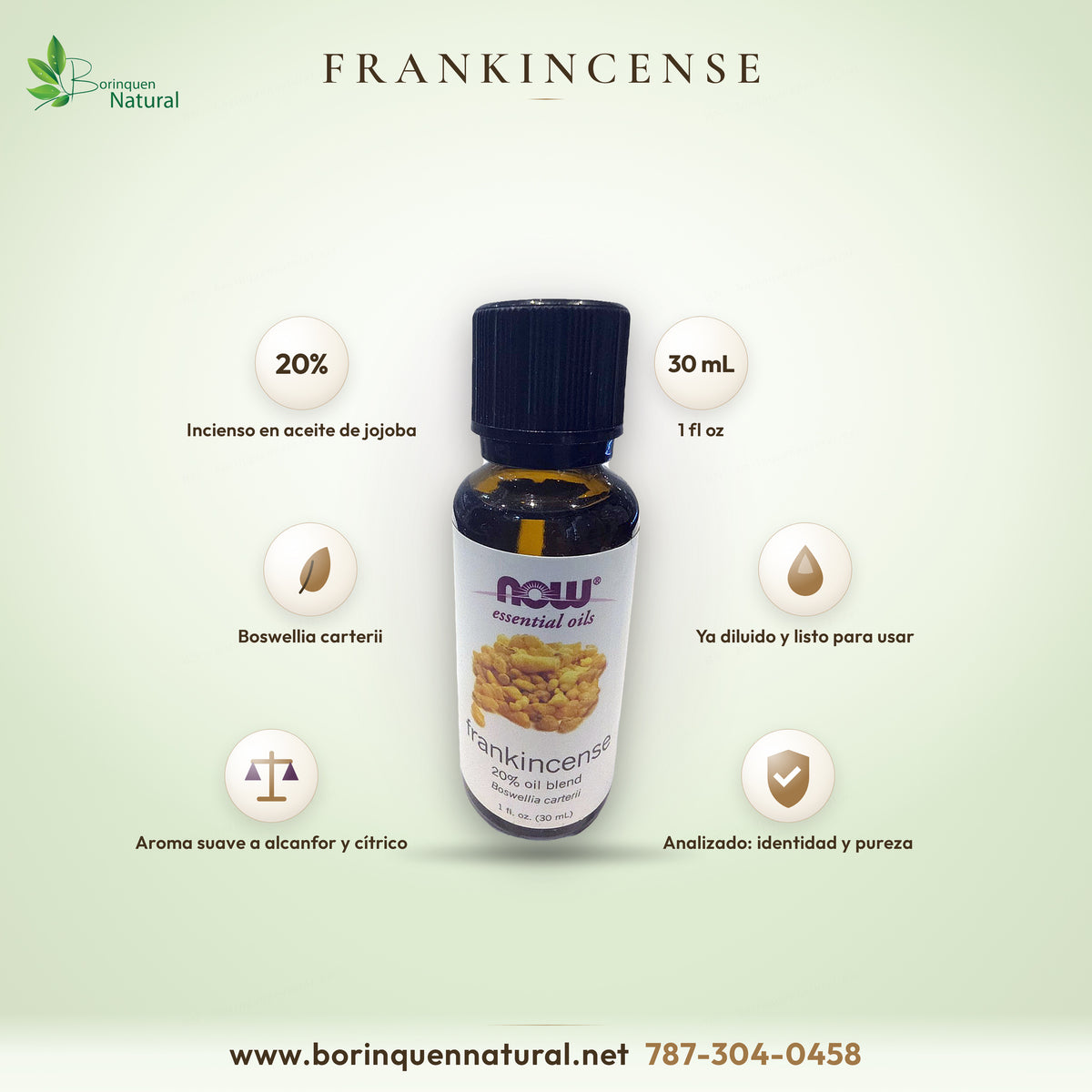 Frankincense de NOW Essential Oils, mezcla al 20% de aceite de incienso (Boswellia carterii) en aceite de jojoba, frasco de 1 fl oz (30 mL)