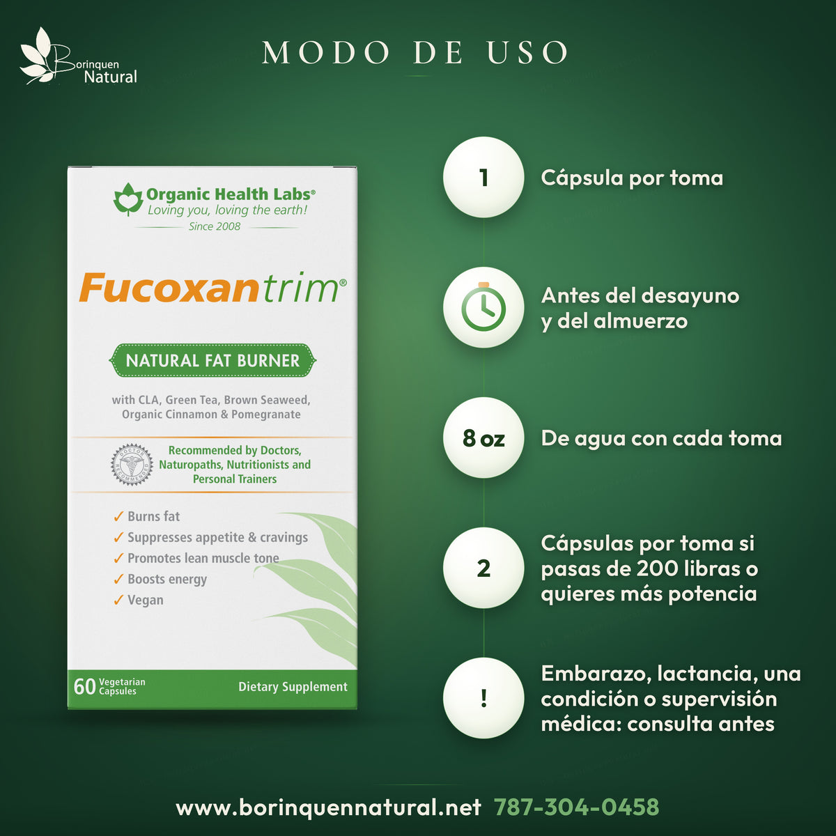 Modo de uso de Fucoxantrim: 1 cápsula antes del desayuno y del almuerzo con 8 oz de agua; consulta al médico antes