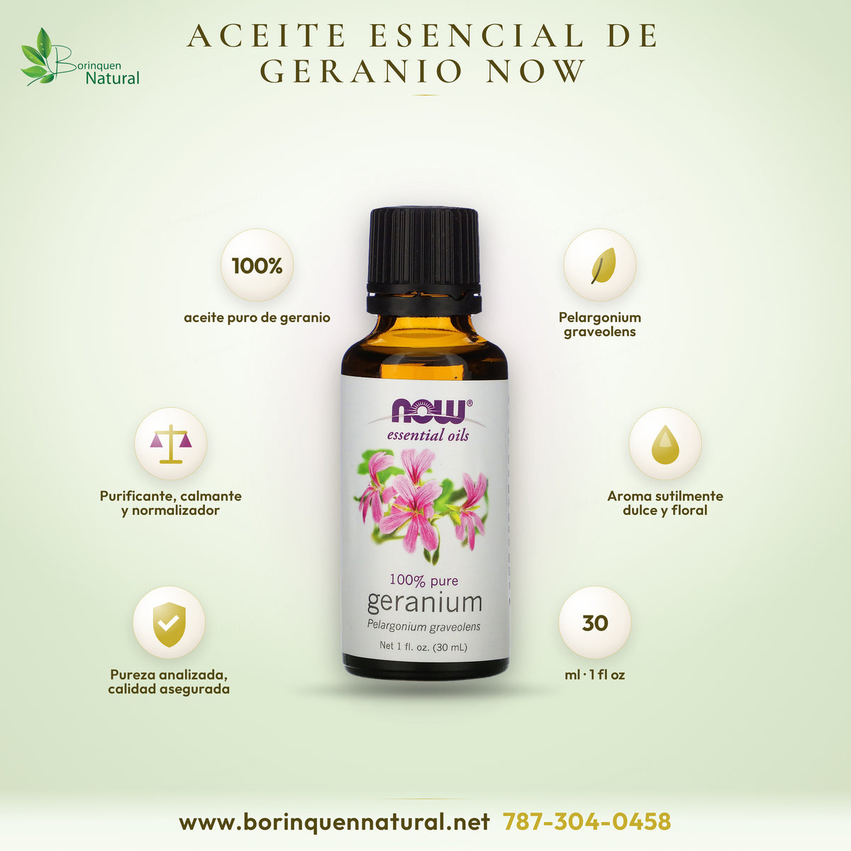 Aceite esencial de geranio 100% puro de NOW Essential Oils, Pelargonium graveolens, frasco de 1 fl oz (30 ml)