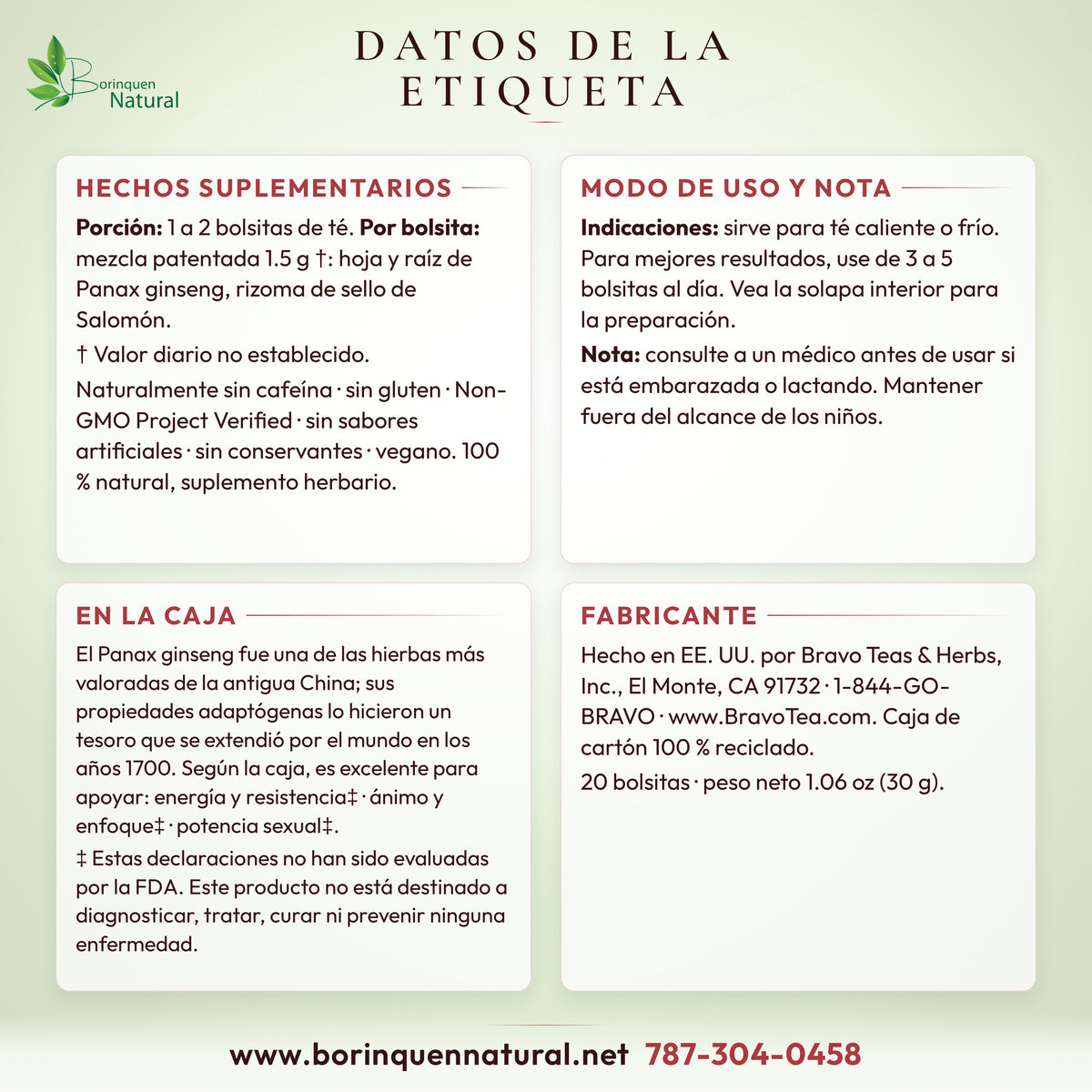 Label information for Bravo Tea ginseng tea: supplement facts, directions and what the box says