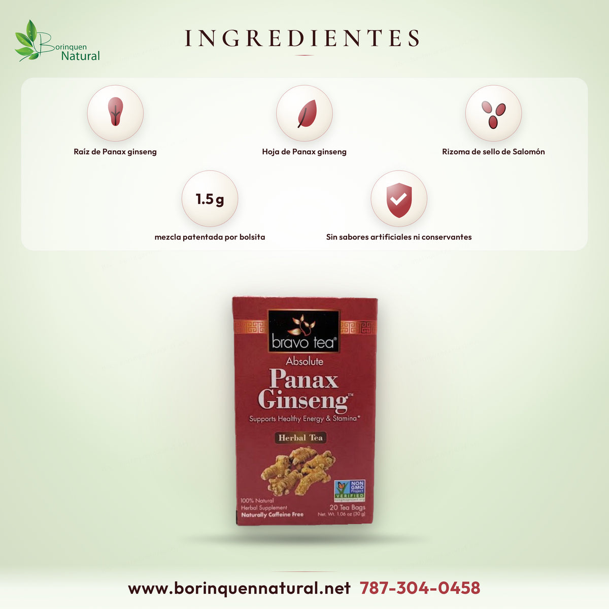 Bravo Tea ginseng tea ingredients: 1.5 g blend of Panax ginseng leaf and root and Solomon's seal rhizome