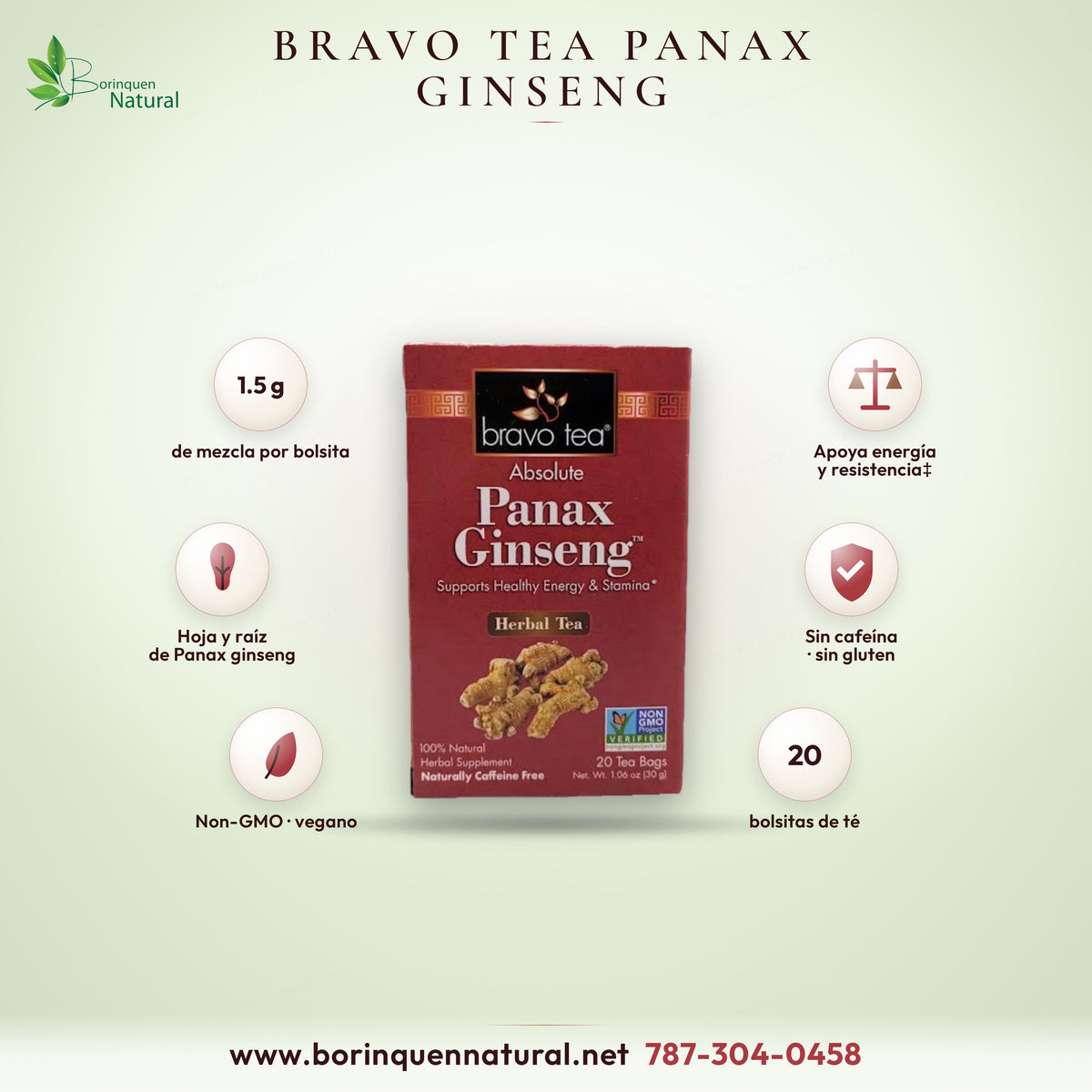 Bravo Tea Absolute Panax Ginseng herbal tea, caffeine free, box of 20 tea bags
