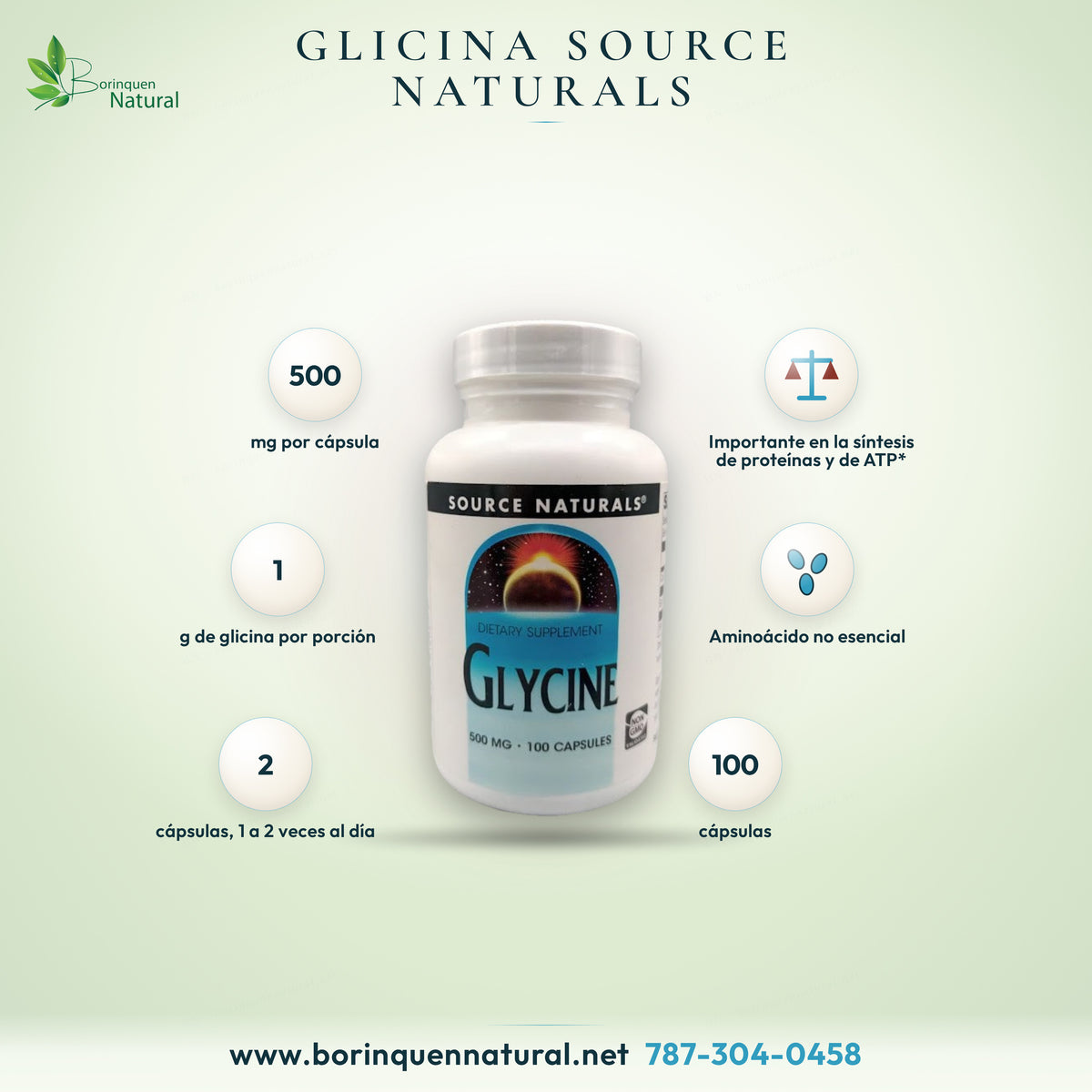 Glycine de Source Naturals, aminoácido de 500 mg, 1 g por porción de 2 cápsulas, 100 cápsulas