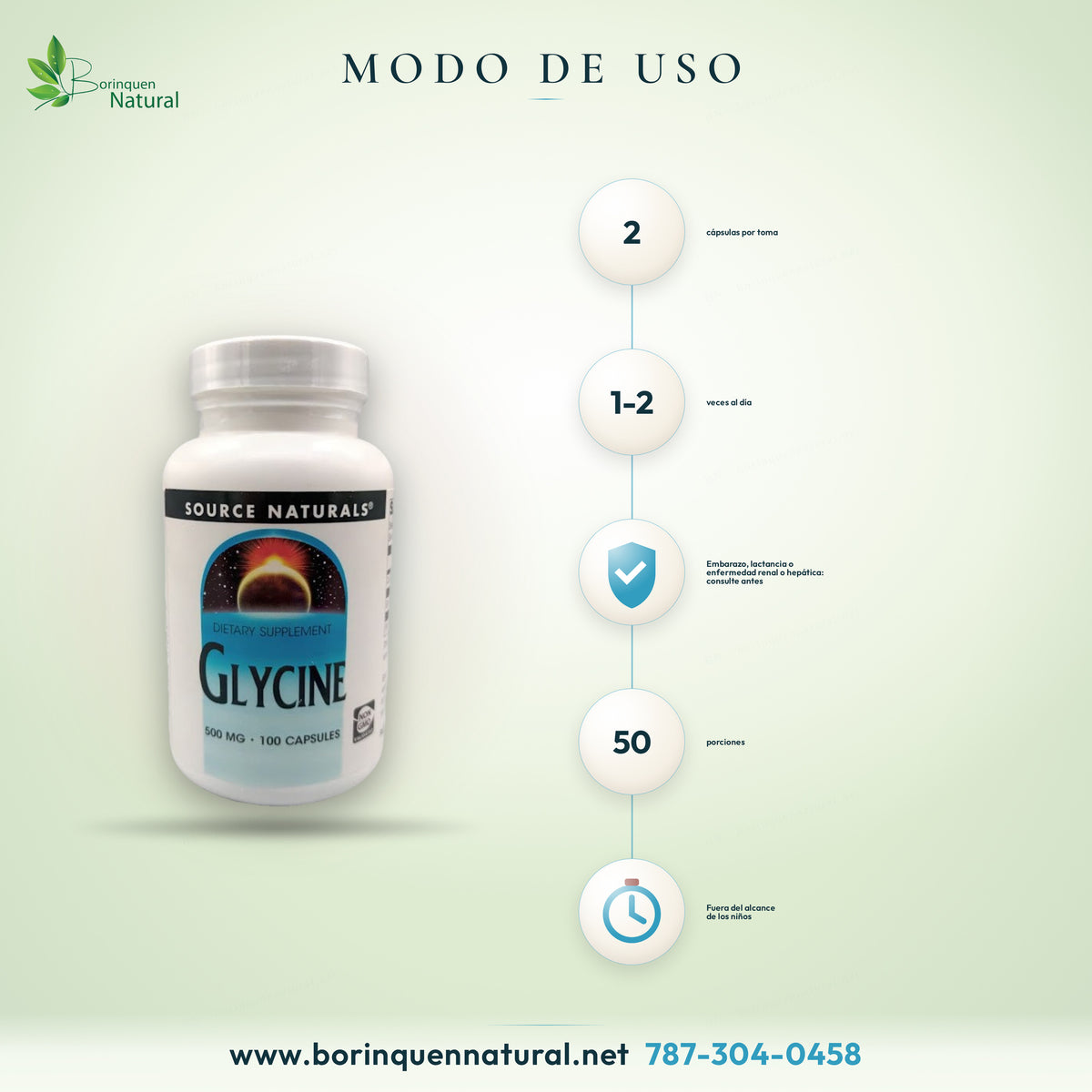 Modo de uso de la glicina de Source Naturals: 2 cápsulas de 1 a 2 veces al día