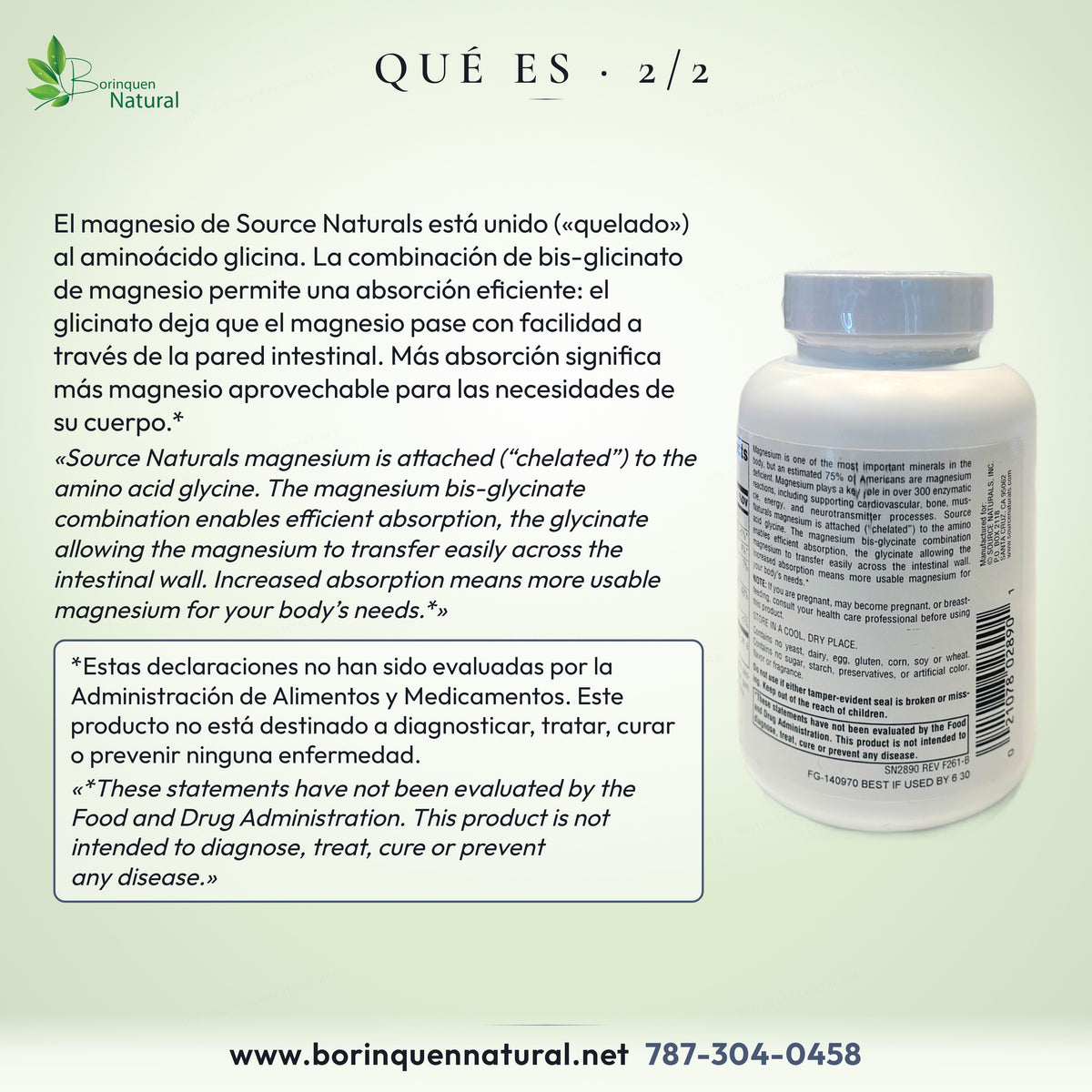 Qué es el Glicinato de Magnesio Source Naturals: magnesio unido (quelado) al aminoácido glicina, de absorción eficiente