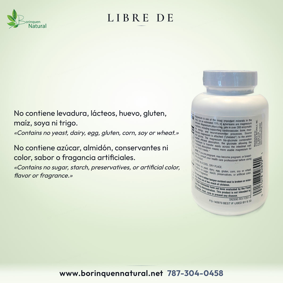 Glicinato de Magnesio Source Naturals sin levadura, lácteos, huevo, gluten, maíz, soya, trigo ni azúcar