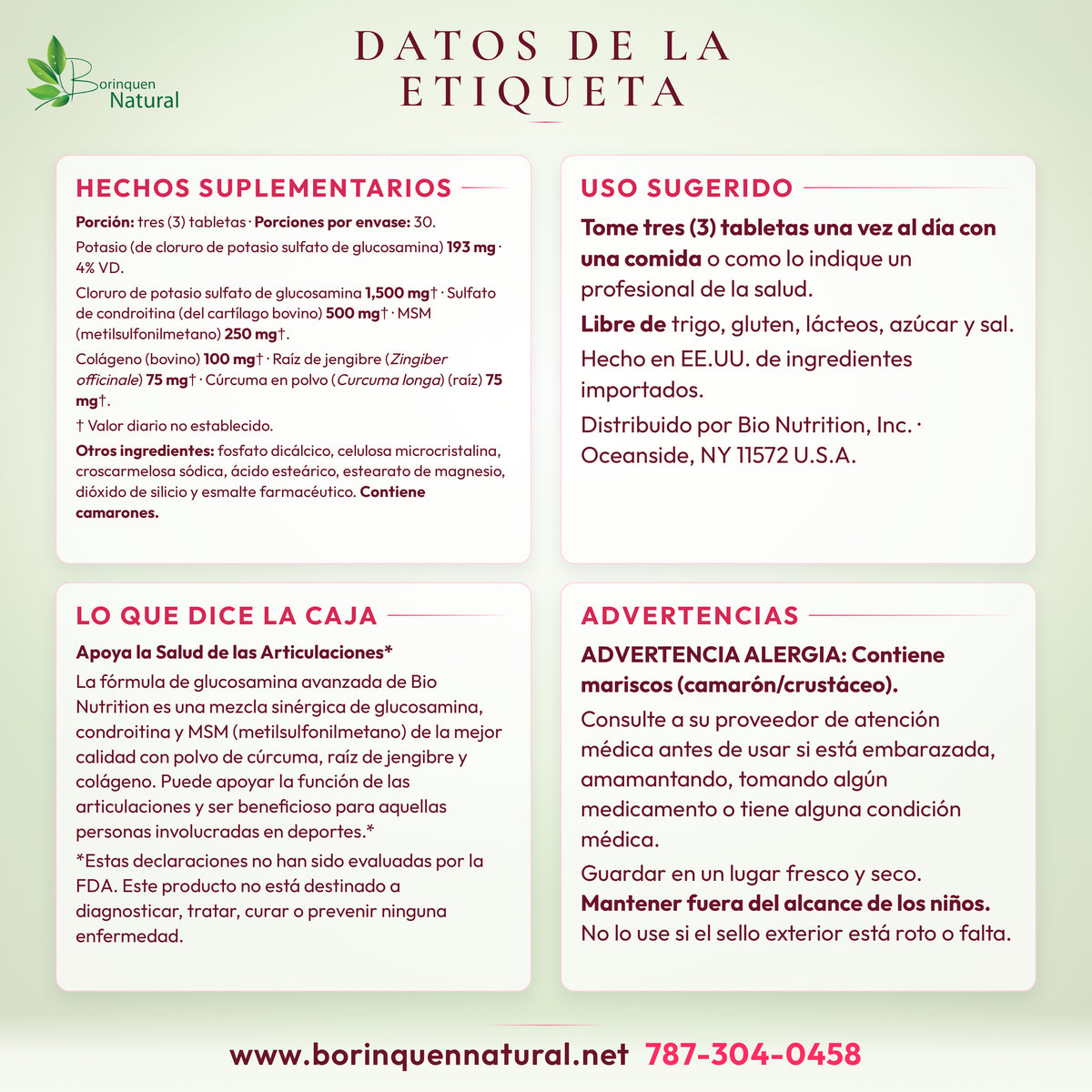 Datos de la etiqueta de Glucosamina Bio Nutrition: hechos suplementarios, uso sugerido y advertencias