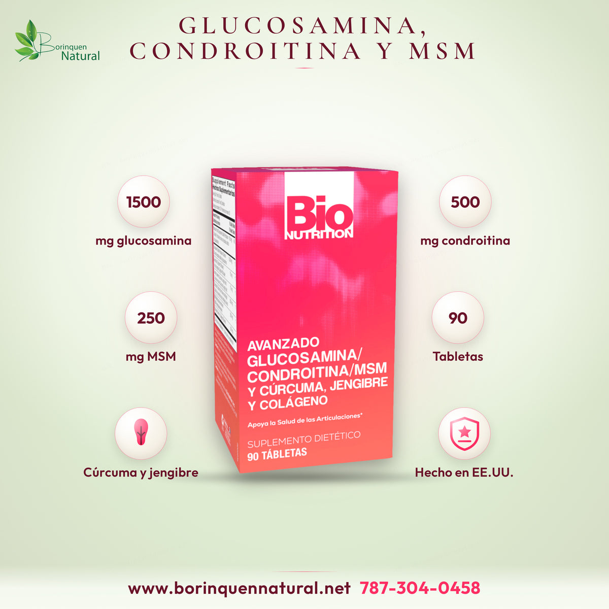 Lámina de Glucosamina Bio Nutrition: 1500 mg glucosamina, 500 mg condroitina, 250 mg MSM, 90 tabletas