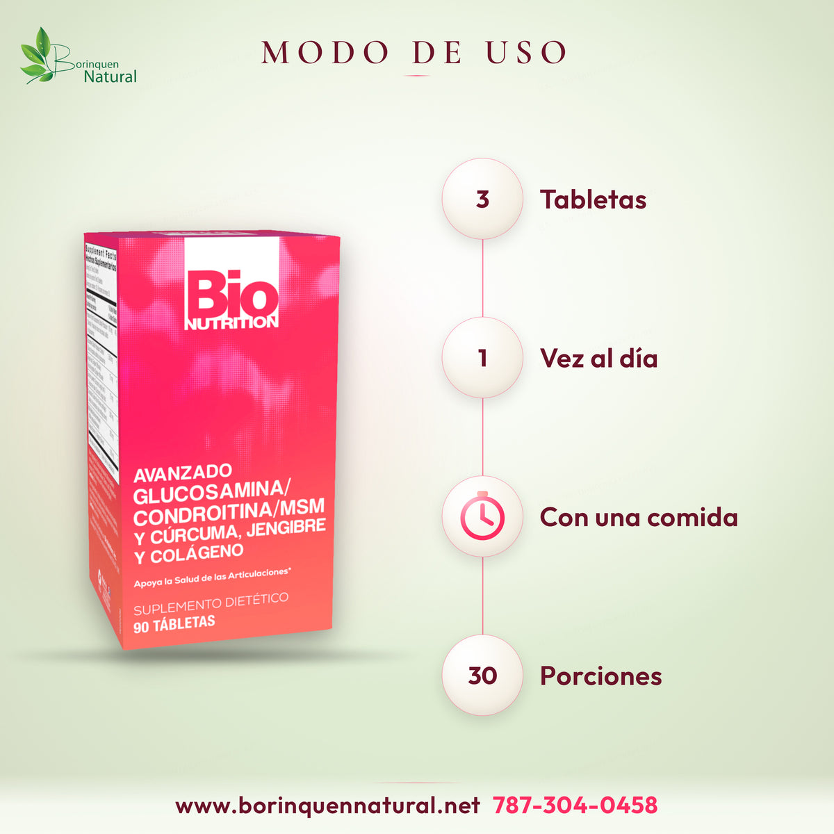 Modo de uso de Glucosamina Bio Nutrition: 3 tabletas, 1 vez al día, con una comida, 30 porciones