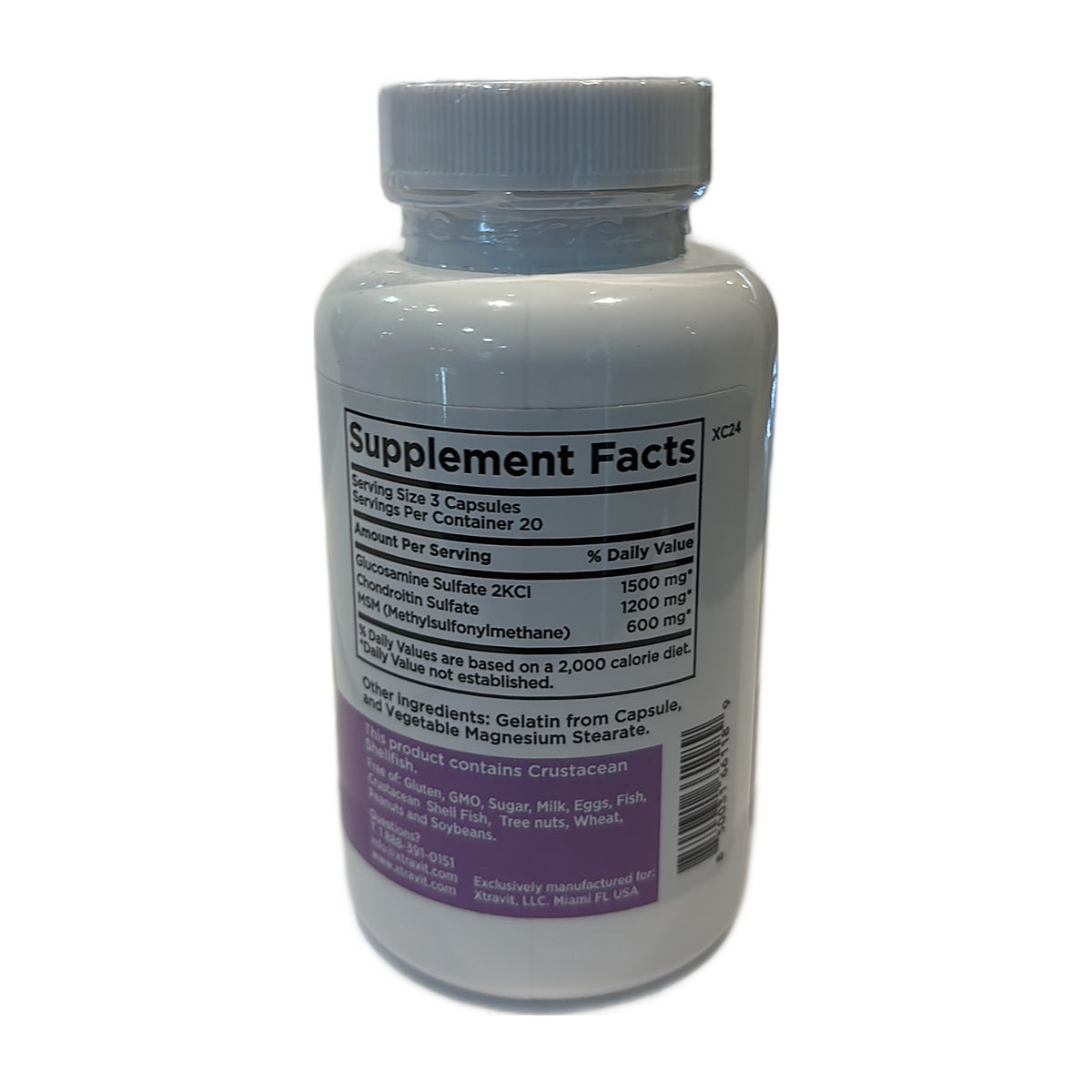 Glucosamine & Chondroitin Plus MSM Xtravit: fotografía real de tabla, ingredientes y aviso de crustáceos.