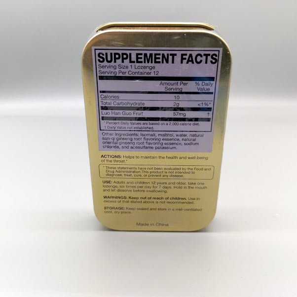 Golden Throat Lozenge Herbal Supplement Ginseng 12 lozenge — etiqueta del producto