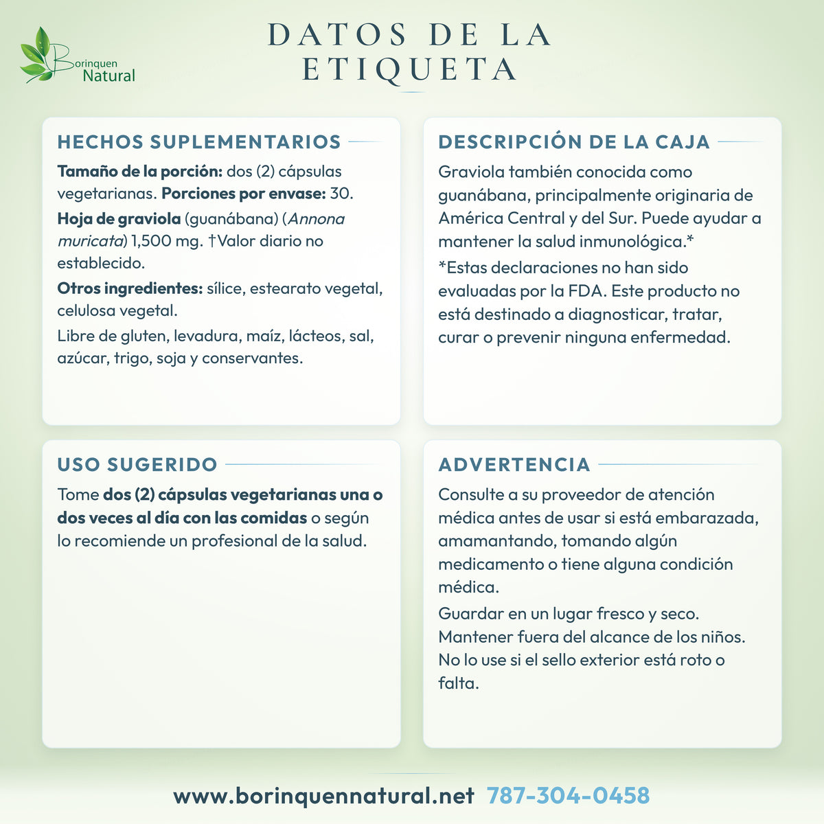 Datos de la etiqueta de la Graviola de Bio Nutrition: hechos suplementarios, otros ingredientes, uso sugerido, descripción y advertencia de la caja