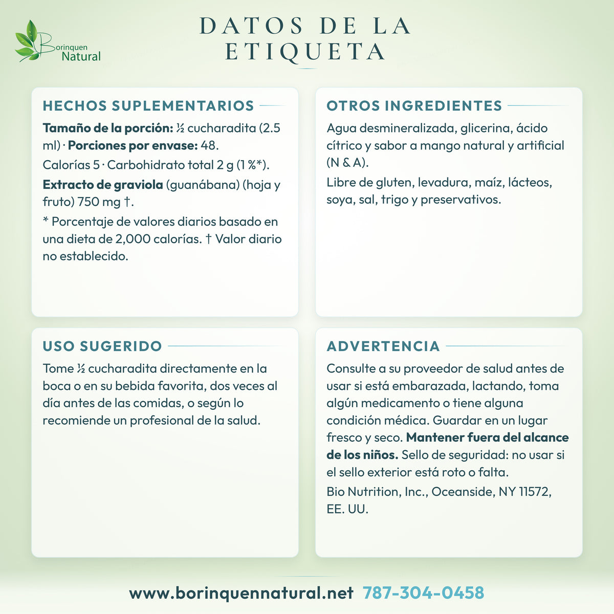 Datos de la etiqueta de la Graviola líquida de Bio Nutrition: hechos suplementarios, otros ingredientes, uso sugerido y advertencia