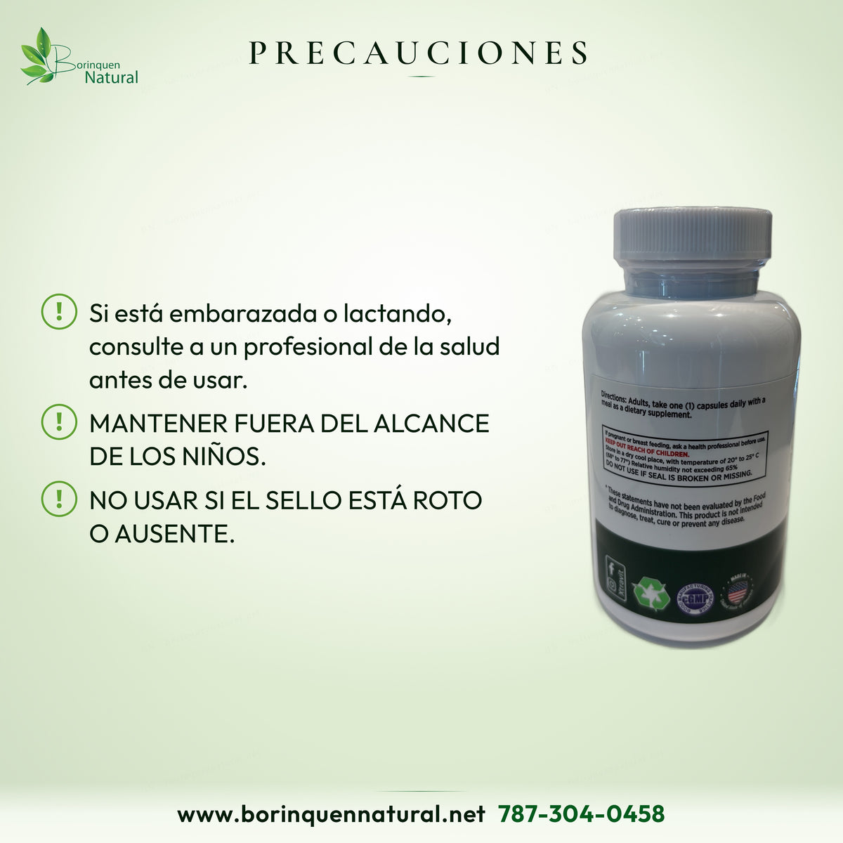 Consultar durante embarazo o lactancia; mantener lejos de niños; no usar con sello roto o ausente.