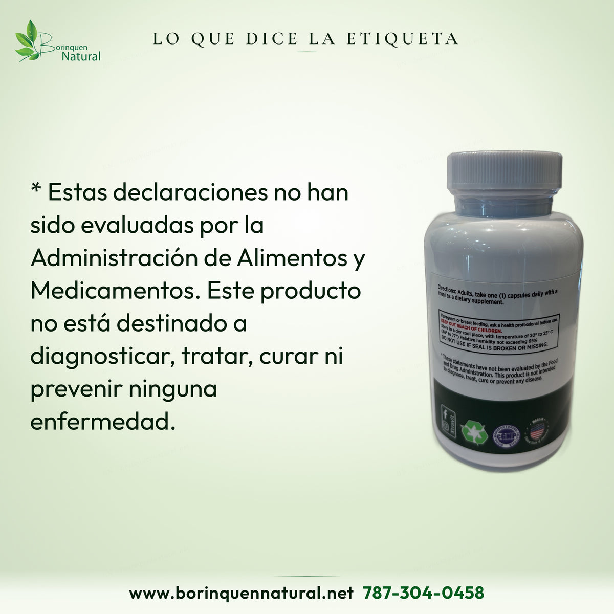Nota de la FDA en la etiqueta: producto no destinado a diagnosticar, tratar, curar ni prevenir enfermedades.