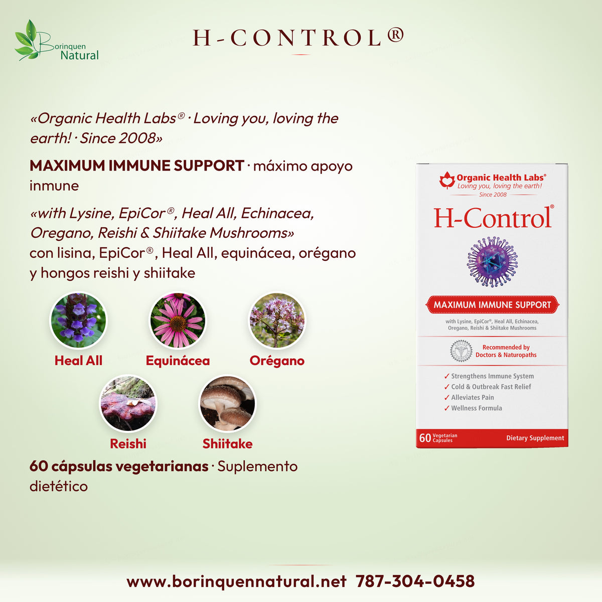 H-Control con lisina, EpiCor, Heal All, equinácea, orégano y hongos reishi y shiitake, 60 cápsulas vegetarianas