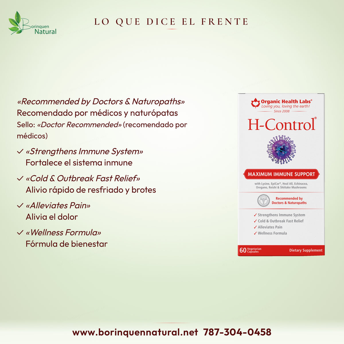 Lo que dice el frente de H-Control: recomendado por médicos y naturópatas, fortalece el sistema inmune y alivia el dolor