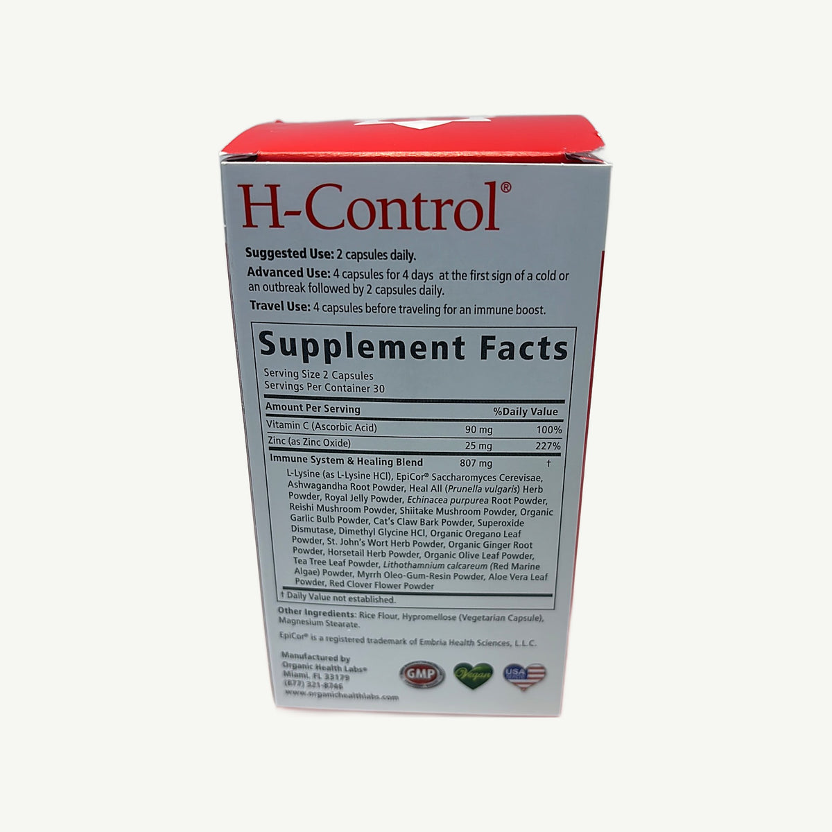 H-Control: foto real del panel de la caja en la tienda, con uso sugerido, Supplement Facts y otros ingredientes