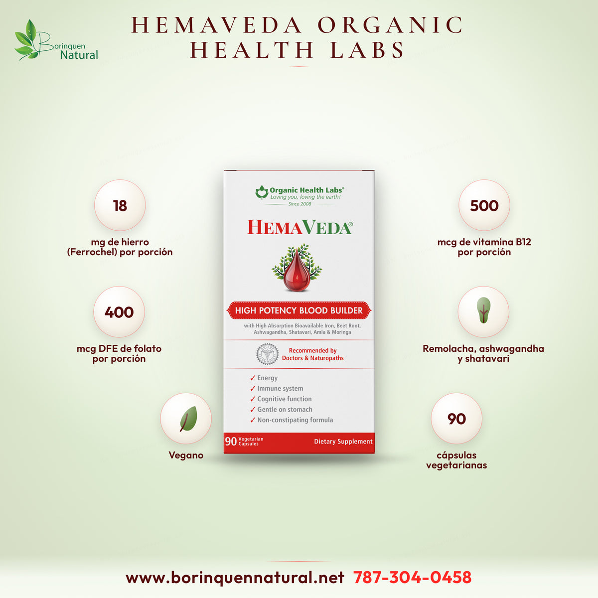 Blood Builder HemaVeda con Hierro 18 mg, B12 y Folato, 90 Cápsulas de Organic Health Labs