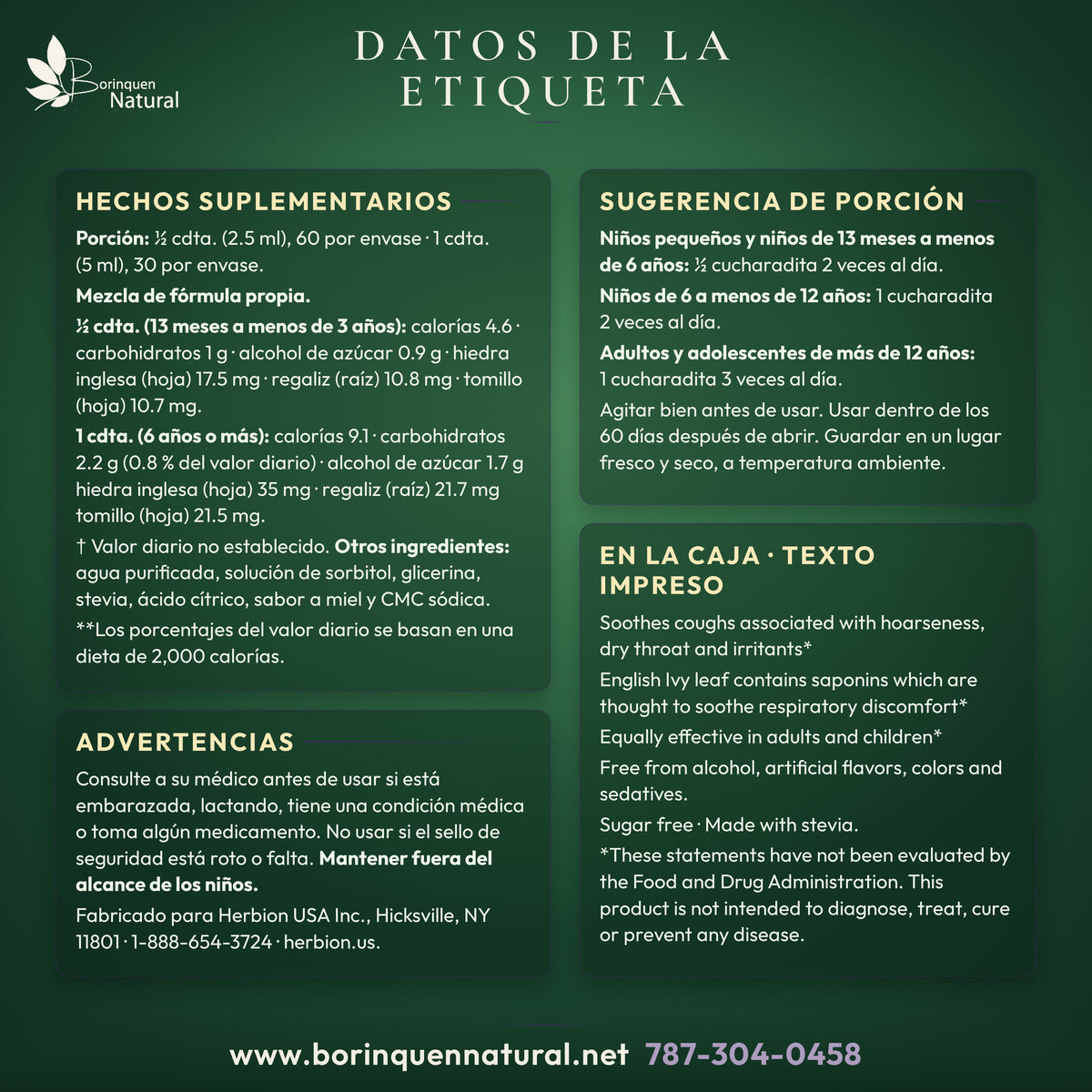 Panel, ingredientes, uso, avisos y declaraciones impresas de Herbion.
