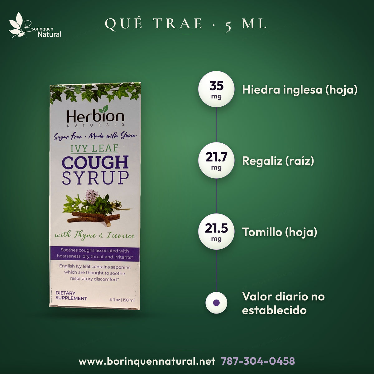 Herbion: mezcla de fórmula propia de hiedra, regaliz y tomillo. Por 1 cucharadita (5 ml).