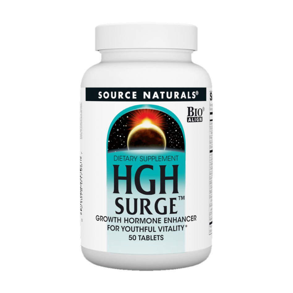 HGH Surge Source Naturals, suplemento dietético de 50 tabletas; frente del fabricante sobre blanco.