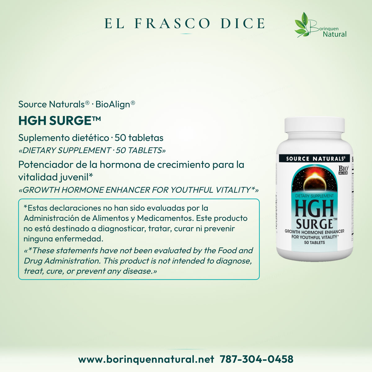 HGH Surge, 50 tabletas: potenciador de la hormona de crecimiento para la vitalidad juvenil, con descargo FDA.
