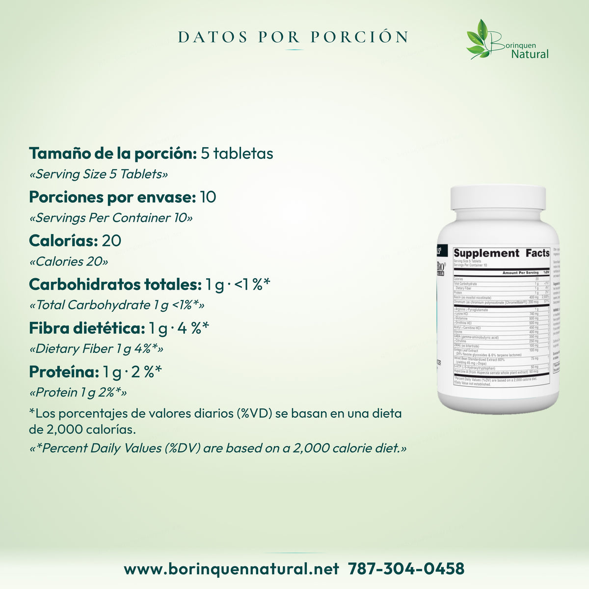 Por 5 tabletas: 20 calorías; carbohidratos 1 g, fibra 1 g y proteína 1 g; 10 porciones por envase.