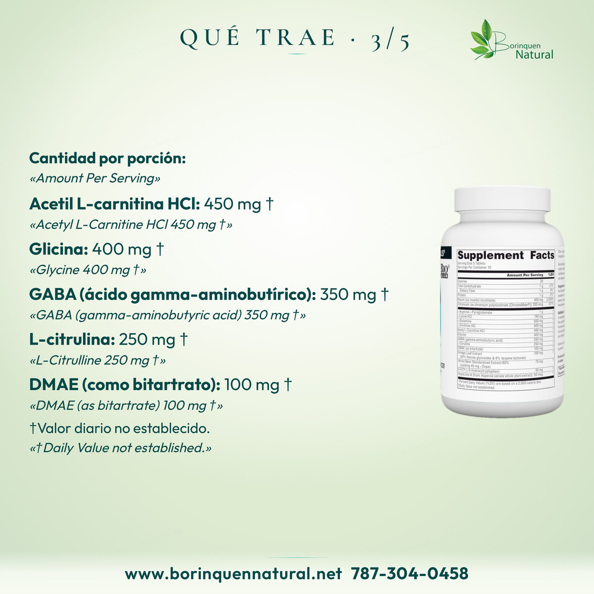 Por porción: acetil L-carnitina HCl, glicina, GABA, L-citrulina y DMAE; cantidades completas en el panel.