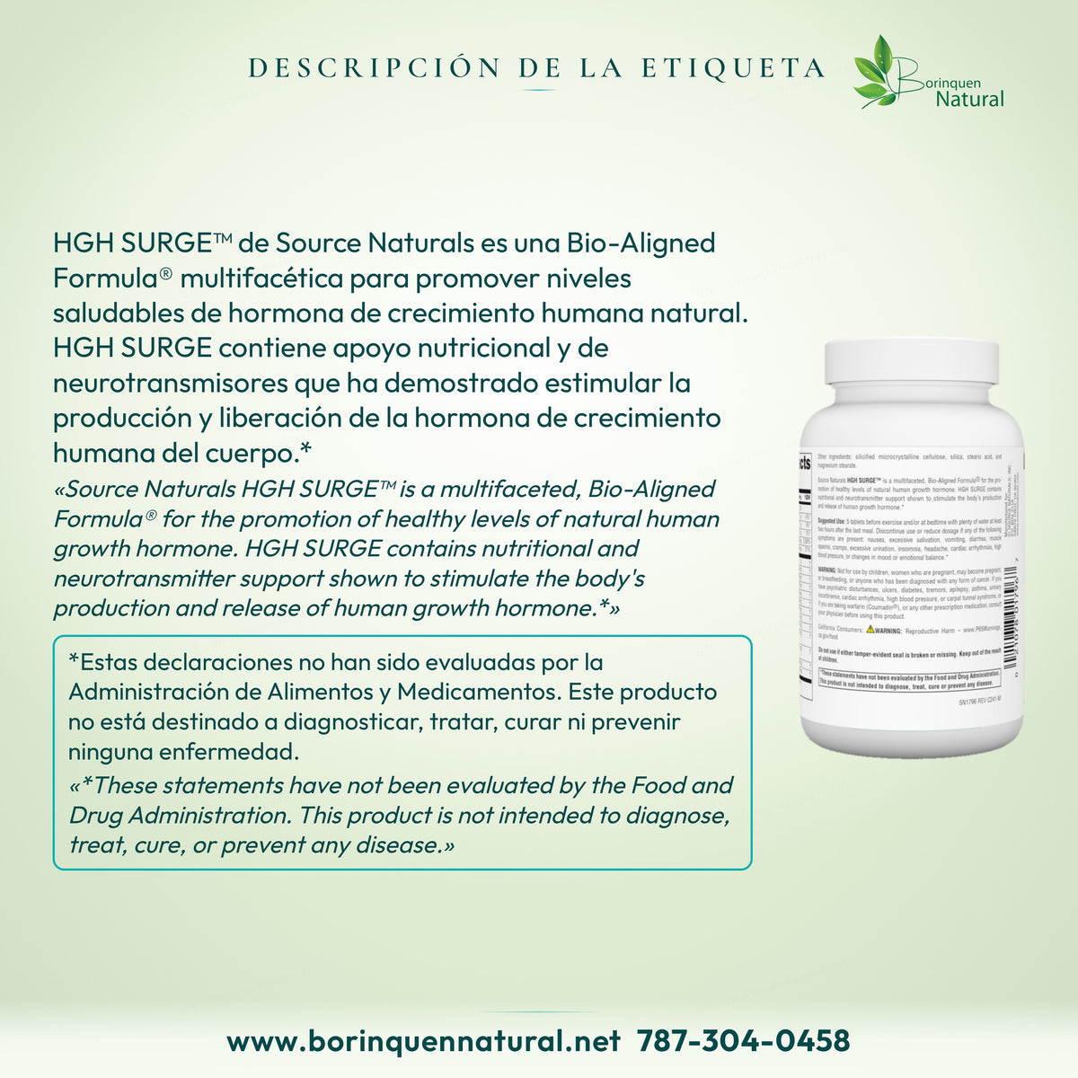 HGH Surge: descripción completa de la etiqueta y descargo FDA, con la cara lateral del frasco.