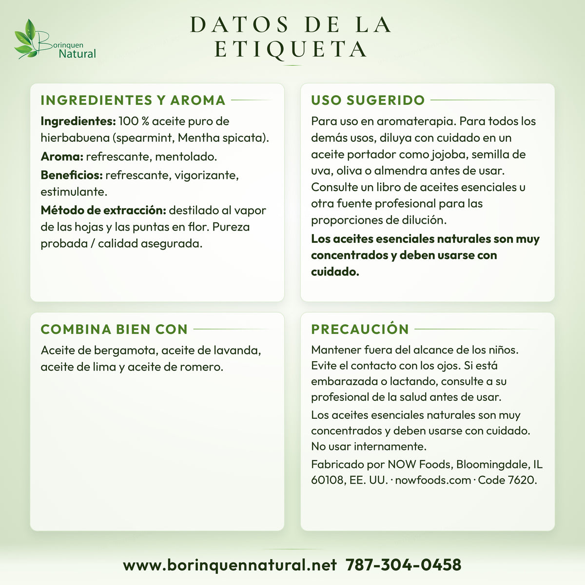 Datos de la etiqueta del aceite de hierbabuena NOW: ingredientes, aroma, uso sugerido, combina bien con y precaución