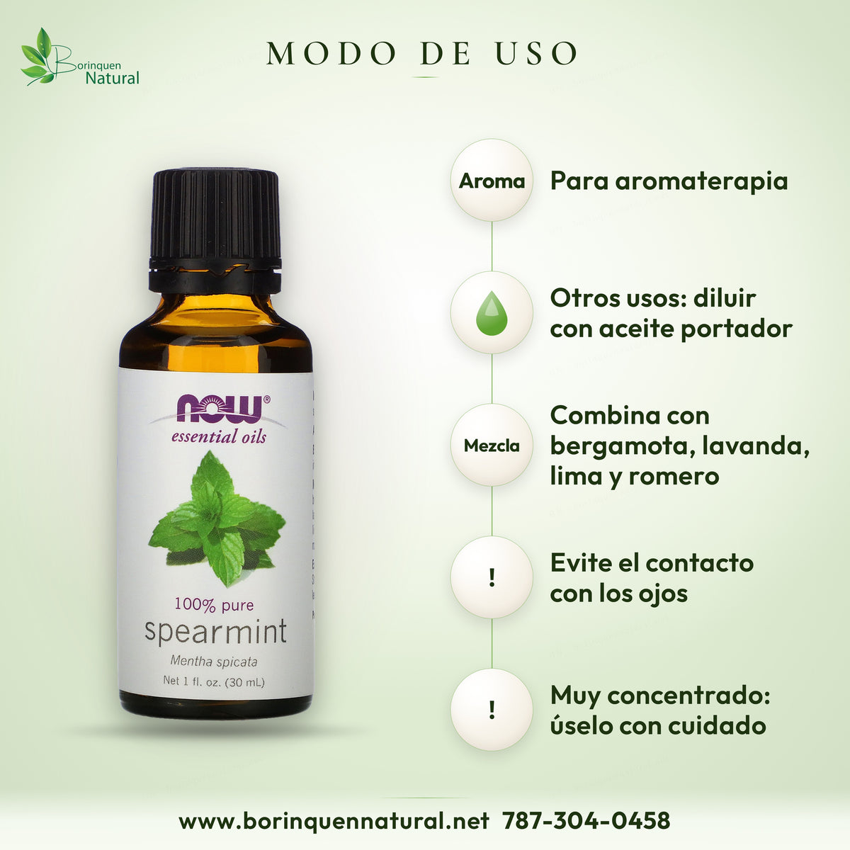 Modo de uso del aceite de hierbabuena NOW: aromaterapia, diluir con aceite portador, evitar los ojos, usar con cuidado