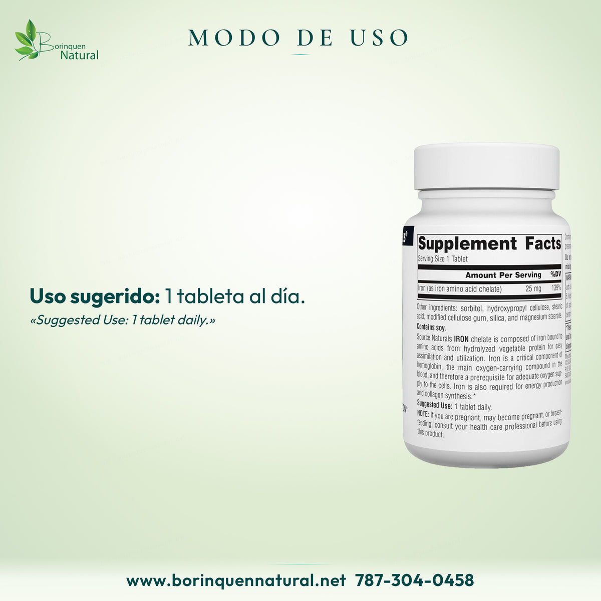 Modo de uso de Hierro Source Naturals: 1 tableta al día