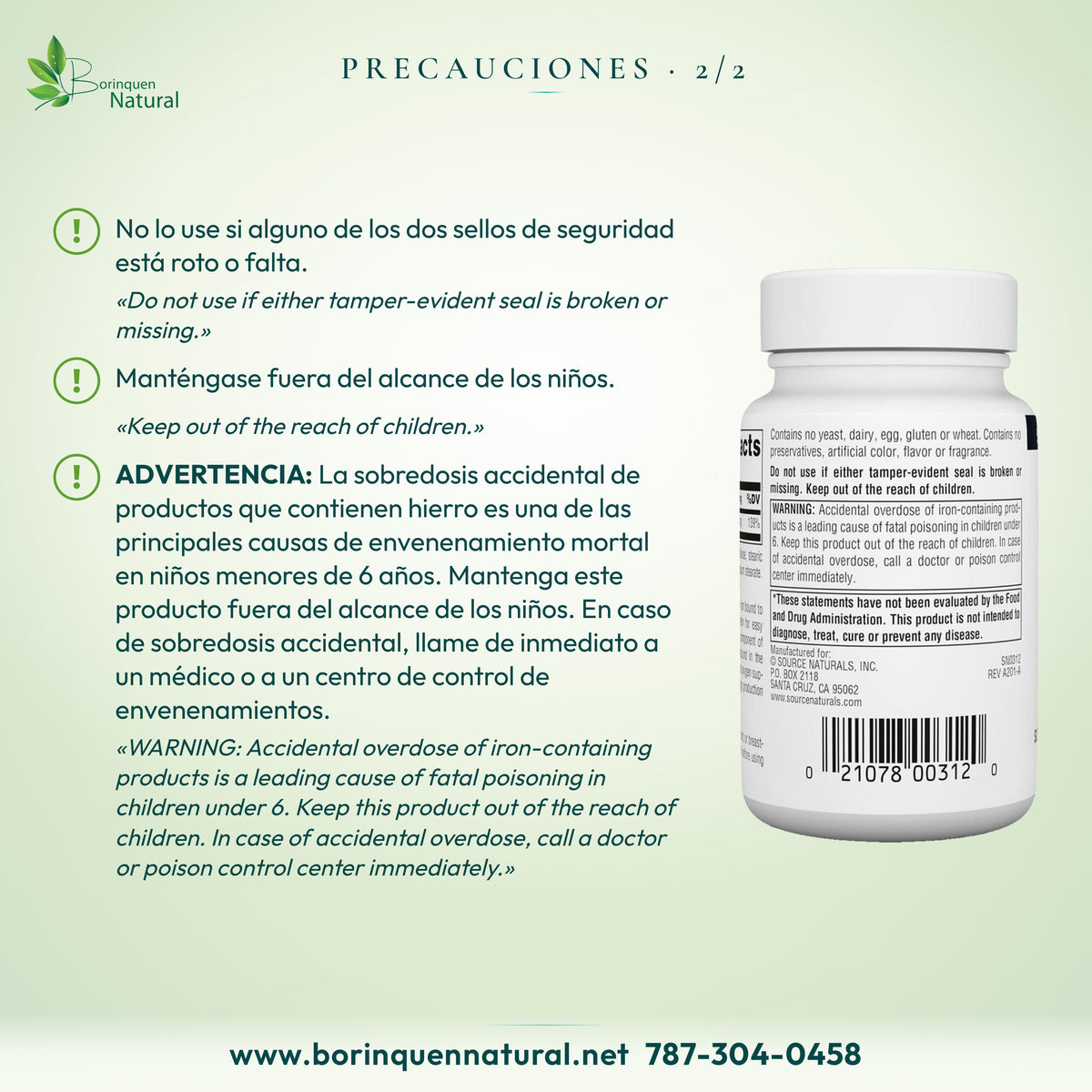 Precauciones de Hierro Source Naturals 2/2: manténgase fuera del alcance de los niños; advertencia de sobredosis de hierro