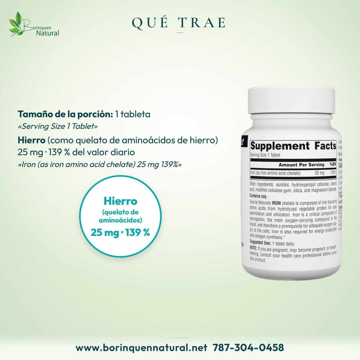 Qué trae Hierro Source Naturals: hierro como quelato de aminoácidos de hierro, 25 mg, 139 % del valor diario