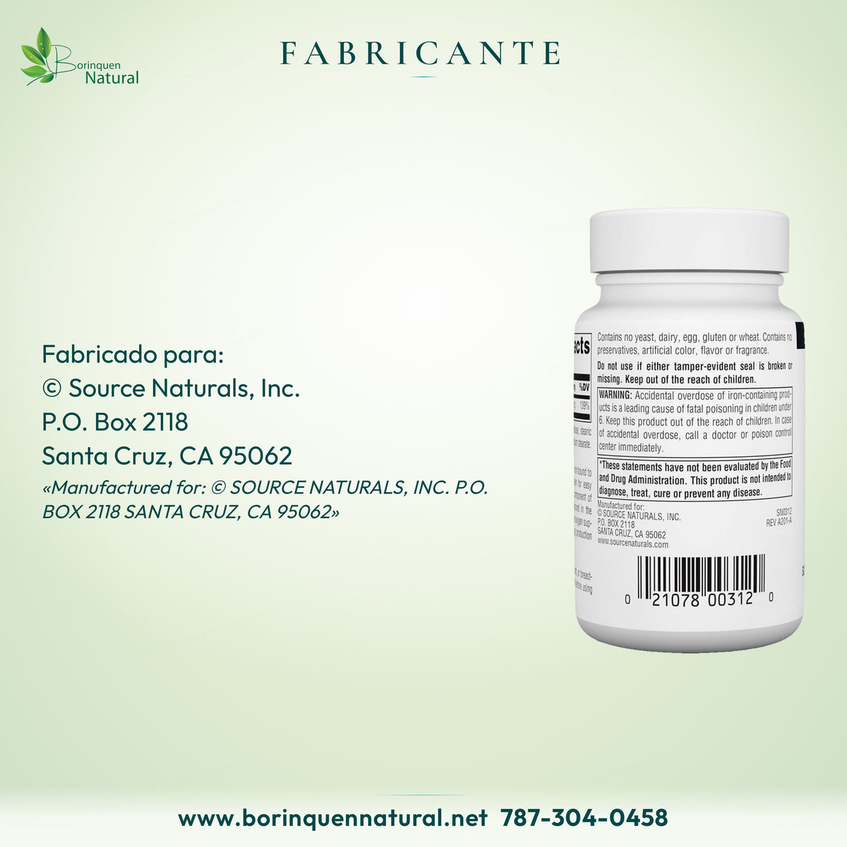 Hierro Source Naturals, fabricado para Source Naturals, Inc., P.O. Box 2118, Santa Cruz, CA 95062