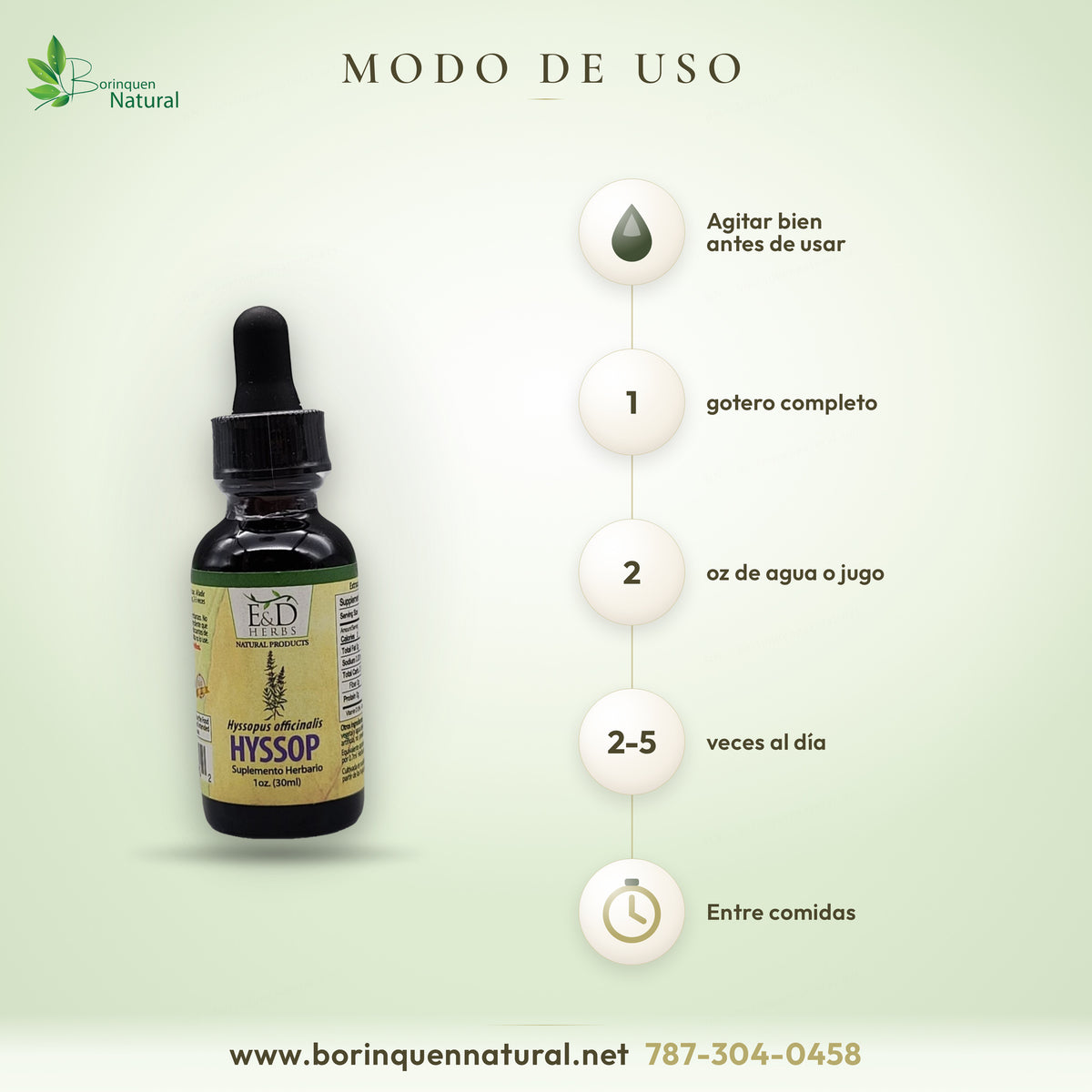 Modo de uso del Hisopo E&D Herbs: un gotero completo en 2 oz de agua o jugo, de 2 a 5 veces al día entre comidas