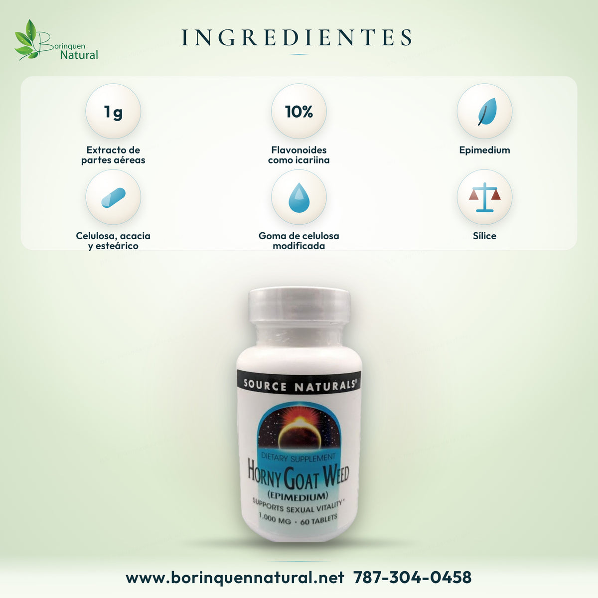 Ingredientes del Horny Goat Weed: 1 g de extracto, 10% flavonoides como icariina