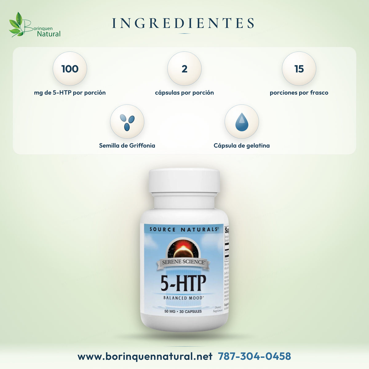 5-HTP Serene Science Balanced Mood de Source Naturals, 30 Cápsulas — vista posterior del envase