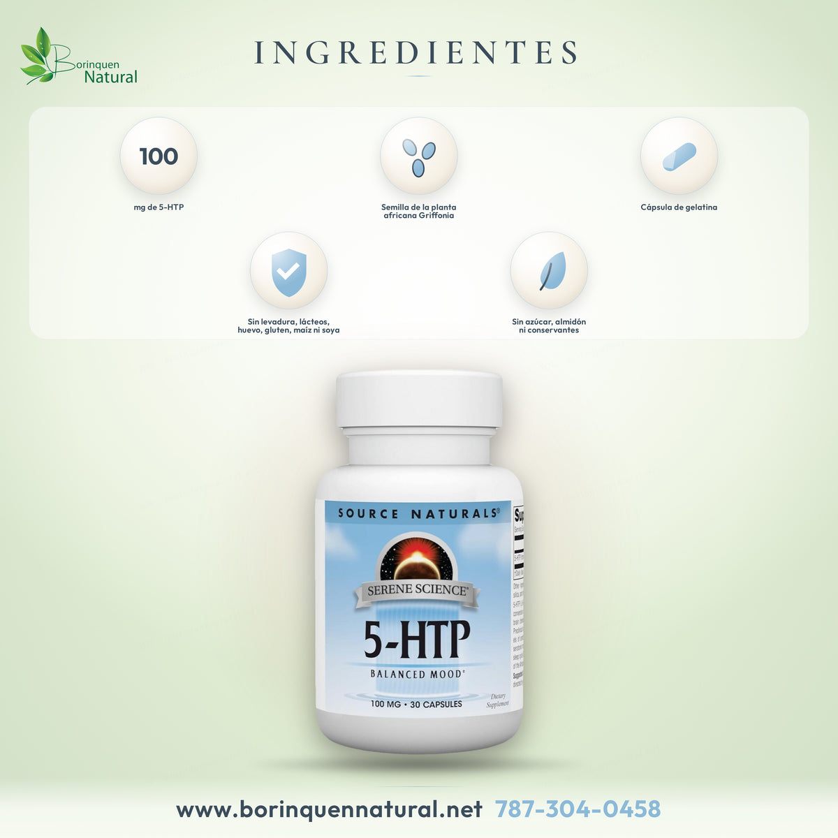 Ingredientes del 5-HTP de Source Naturals: 100 mg de 5-HTP de semilla de Griffonia en cápsula de gelatina