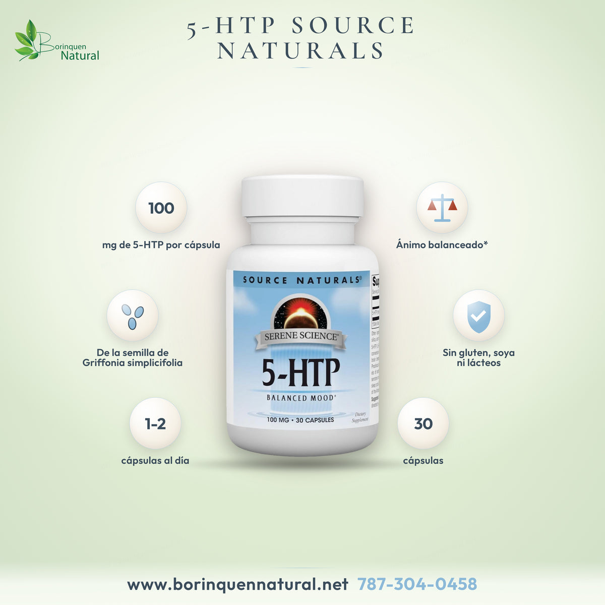 5-HTP 100 mg Serene Science de Source Naturals, ánimo balanceado, de semilla de Griffonia, 30 cápsulas