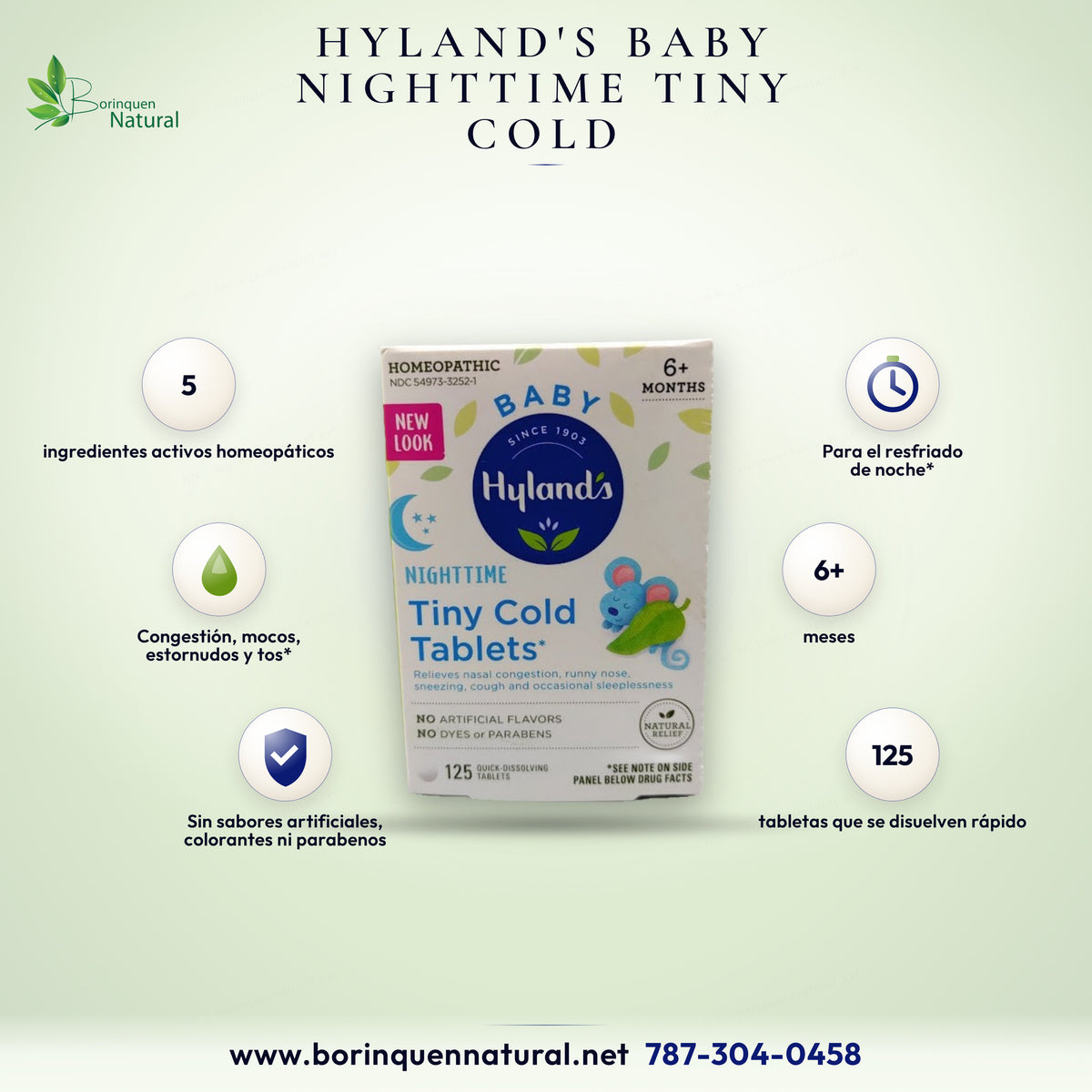 Baby Nighttime Tiny Cold Tablets de Hyland's, tabletas homeopáticas para el resfriado de los niños de noche, caja de 125