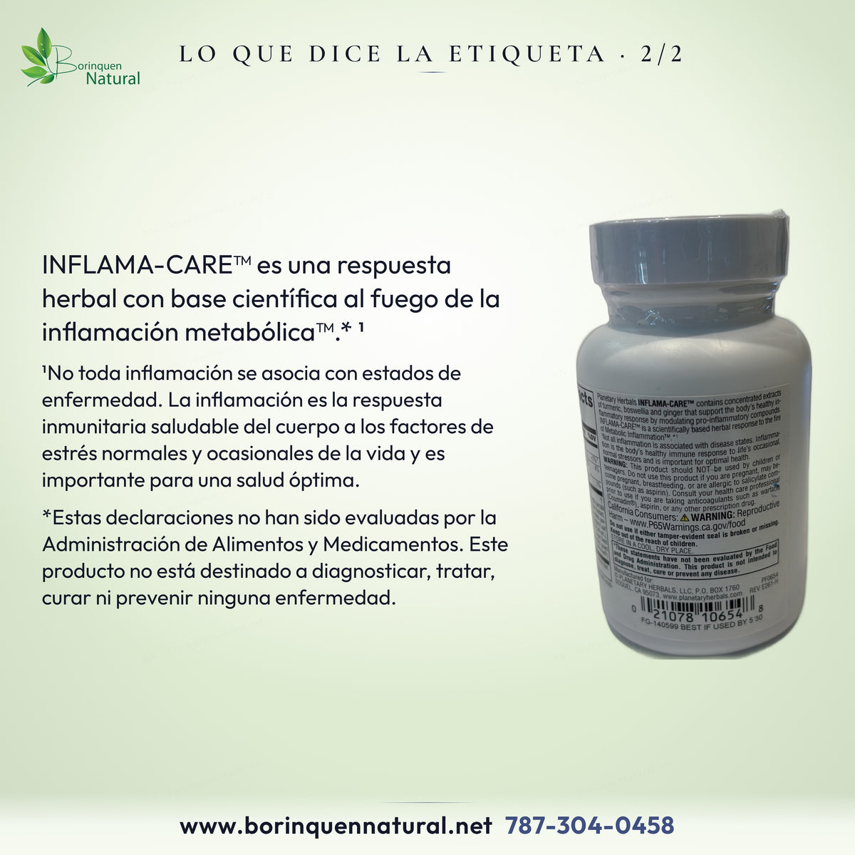 Inflama-Care: respuesta herbal con base científica al fuego de la inflamación metabólica™, nota y descargo de la FDA.